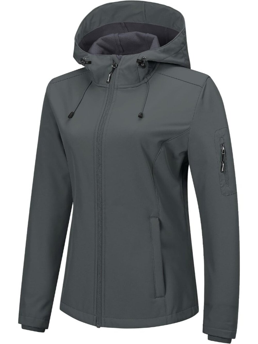 Women's Dark Grey Hooded Softshell Fleece Lined Cuff Sleeve Waterproof Rain Coat
